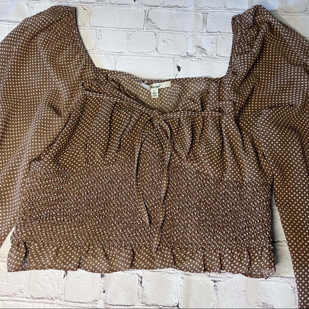 Papaya Brown Swiss Dot Long Sleeve Crop Top | Size Large